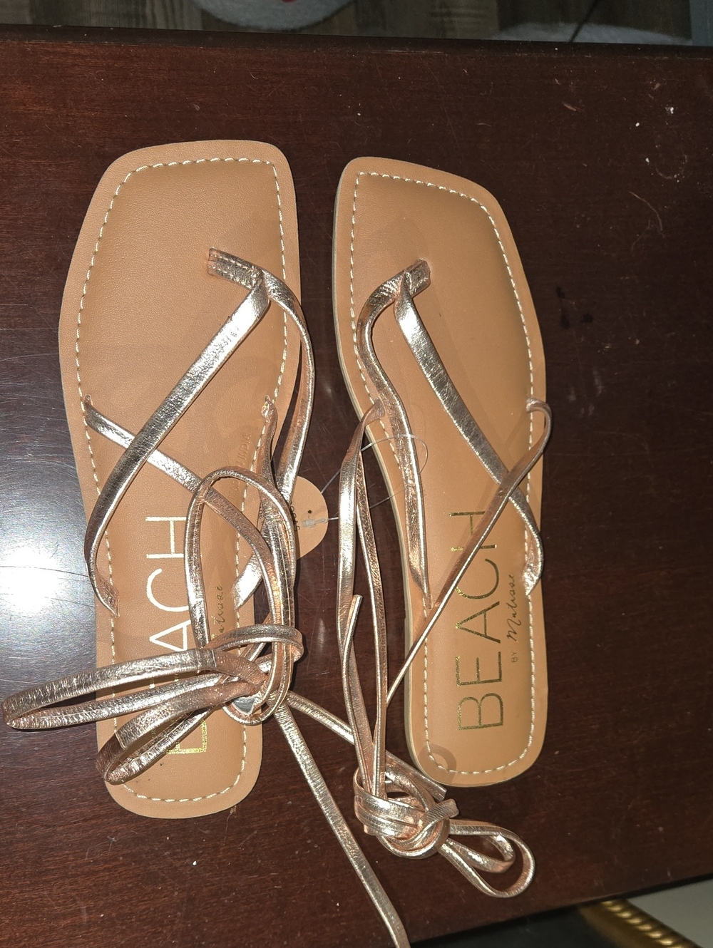 BEACH Rose Gold Wrap Tie Flat Sandals